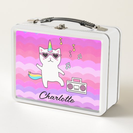 ピンクガーリーかわいいユニコーンパーソナライズされた猫 メタルランチボックス (正面)