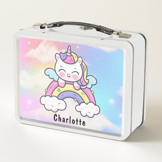 ピンクガーリーかわいいユニコーン猫ホログラフィックレインボー メタルランチボックス (裏面)