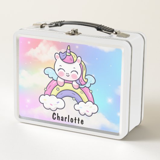 ピンクガーリーかわいいユニコーン猫ホログラフィックレインボー メタルランチボックス (正面)