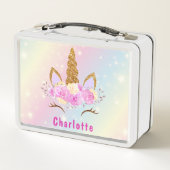 ピンクガーリーかわいいユニコーン猫ホログラフィックレインボー メタルランチボックス (裏面)