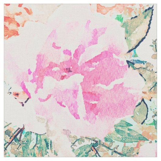 ピンクガーリーとオレンジの花水絵を描色  ファブリック (クローズアップ)