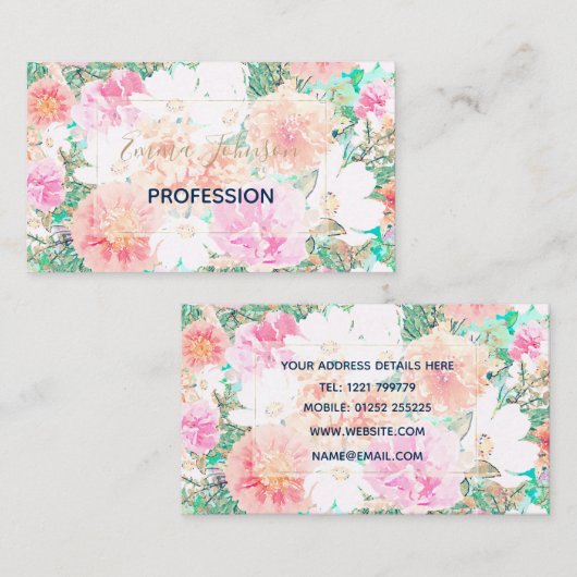 ピンクガーリーとオレンジの花水絵を描色 名刺 (正面/裏面)