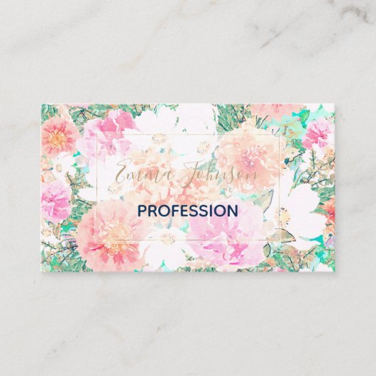 ピンクガーリーとオレンジの花水絵を描色 名刺 (正面)