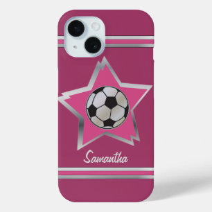 ピンクガーリーとシルバーエフェクトのサッカースター iPhone 15ケース