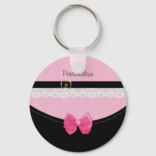 ピンクガーリーとブラックのベビーシューズと弓と名前 キーホルダー (正面)