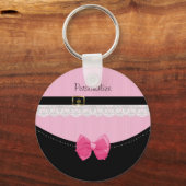 ピンクガーリーとブラックのベビーシューズと弓と名前 キーホルダー (正面)