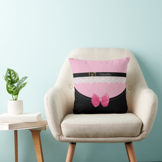ピンクガーリーとブラックのベビーシューズと弓と名前 クッション (椅子)