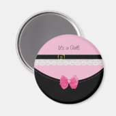 ピンクガーリーとブラックのベビーシューズ誕生のお知らせ マグネット (正面/裏面)