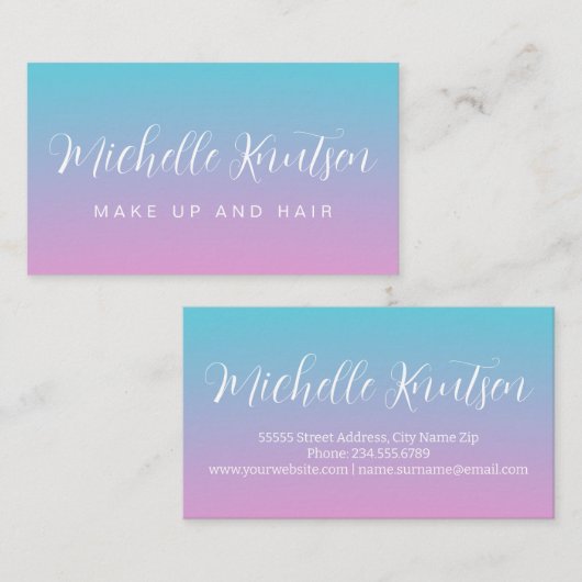 ピンクガーリーとブルーのメイクアップアーティストヘアサロン 名刺 (正面/裏面)
