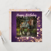ピンクガーリーと紫のグリッターホース誕生日 カード (正面/裏面インサイチュ)