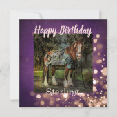 ピンクガーリーと紫のグリッターホース誕生日 カード (正面)