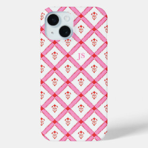 ピンクガーリーと赤のパターン(イニシャル付) iPhone 15ケース