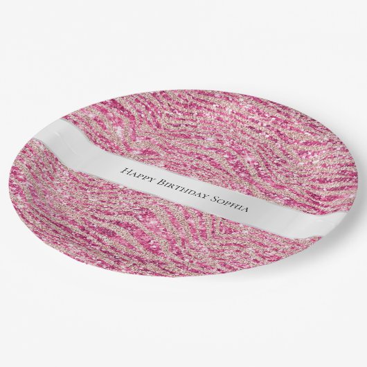 ピンクガーリーと赤面グリッターゼブラ誕生日 ペーパープレート (アングル)