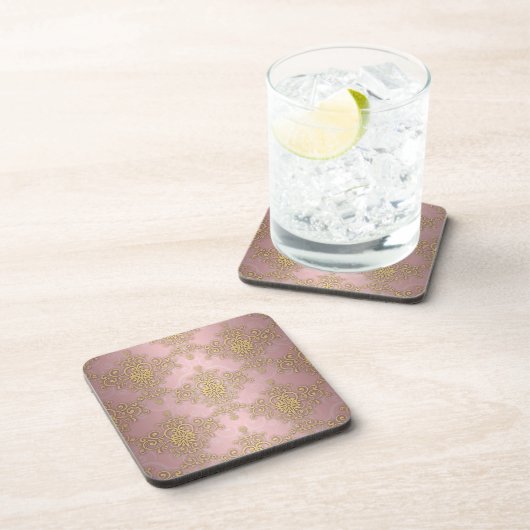 ピンクガーリーと金ゴールドのダマスク模様 コースター (右側)