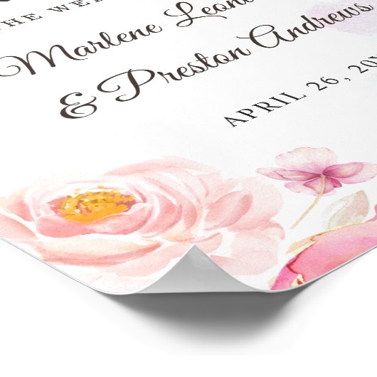 ピンクガーリーと金ゴールドの水色のフローラの結婚サイン ポスター (角)