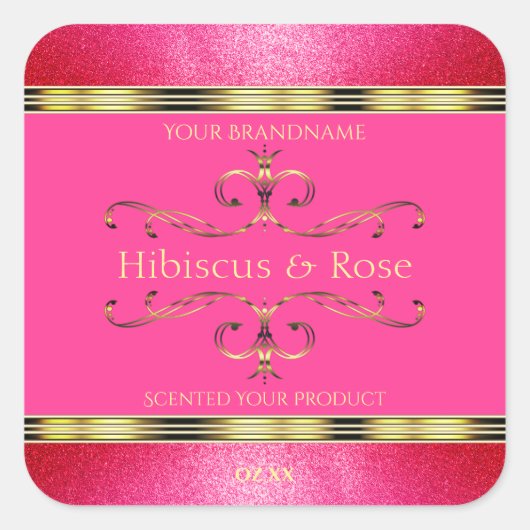 ピンクガーリーと金ゴールドの製品ラベルのグリッター縁ど スクエアシール (正面)