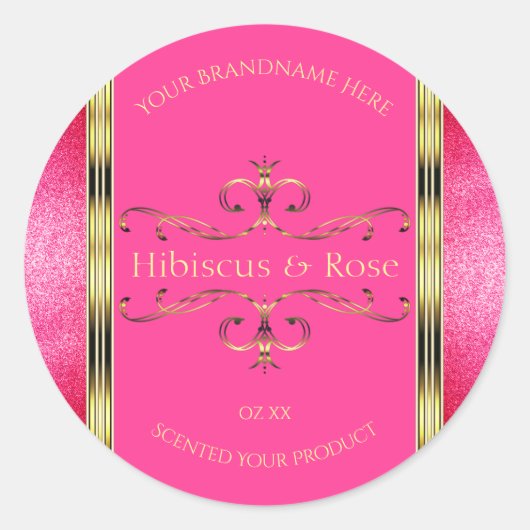 ピンクガーリーと金ゴールドの製品ラベルのグリッター縁ど ラウンドシール (正面)