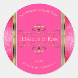 ピンクガーリーと金ゴールドの製品ラベルのグリッター縁ど ラウンドシール