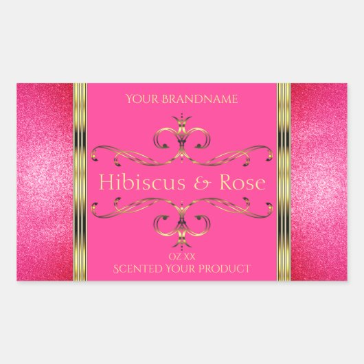 ピンクガーリーと金ゴールドの製品ラベルのグリッター縁ど 長方形シール (正面)