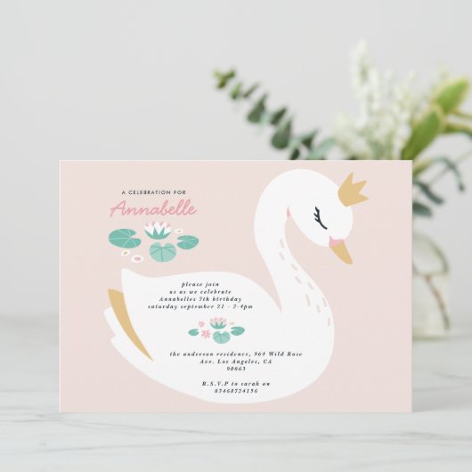 ピンクガーリーのかわいいエレガント白鳥の子どもたち  招待状 (スタンド正面)