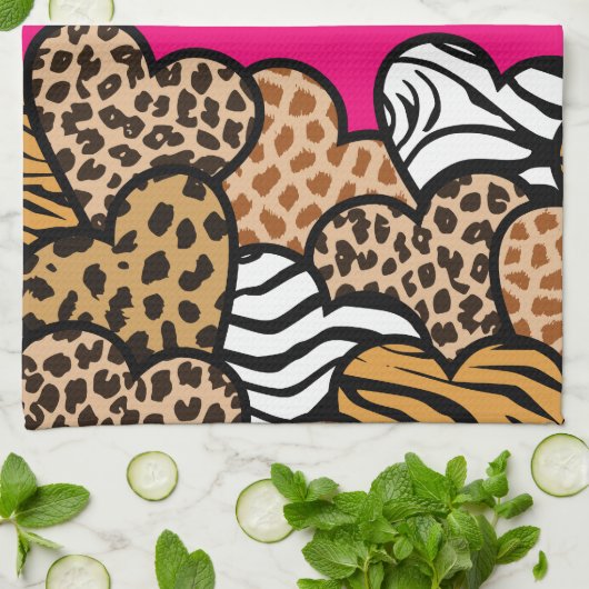 ピンクガーリーのよくはしゃぐアニマルプリントハート名 キッチンタオル (折り畳み)