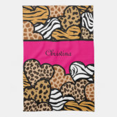 ピンクガーリーのよくはしゃぐアニマルプリントハート名 キッチンタオル (縦)