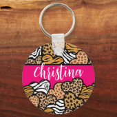 ピンクガーリーのよくはしゃぐアニマルプリントハート名 キーホルダー (正面)