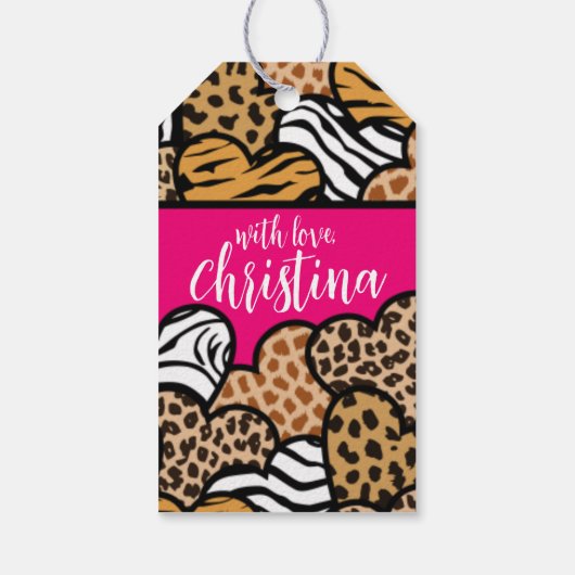 ピンクガーリーのよくはしゃぐアニマルプリントハート名 ギフトタグ (裏面)