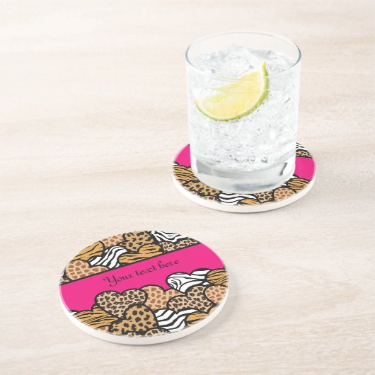 ピンクガーリーのよくはしゃぐアニマルプリントハート名 コースター (側面)