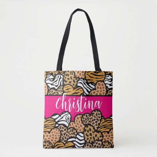 ピンクガーリーのよくはしゃぐアニマルプリントハート名 トートバッグ (正面)