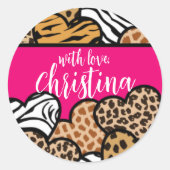ピンクガーリーのよくはしゃぐアニマルプリントハート名 ラウンドシール (正面)