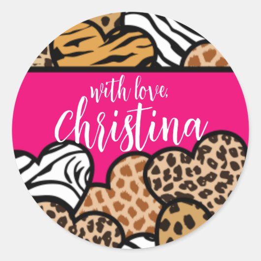 ピンクガーリーのよくはしゃぐアニマルプリントハート名 ラウンドシール (正面)