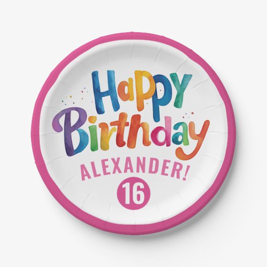 ピンクガーリーのカラフル誕生日パーティー水の色Typo ペーパープレート (正面)