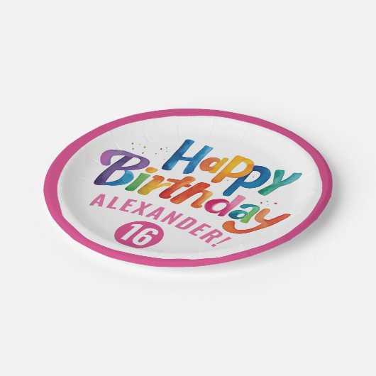 ピンクガーリーのカラフル誕生日パーティー水の色Typo ペーパープレート (アングル)