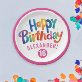 ピンクガーリーのカラフル誕生日パーティー水の色Typo ペーパープレート