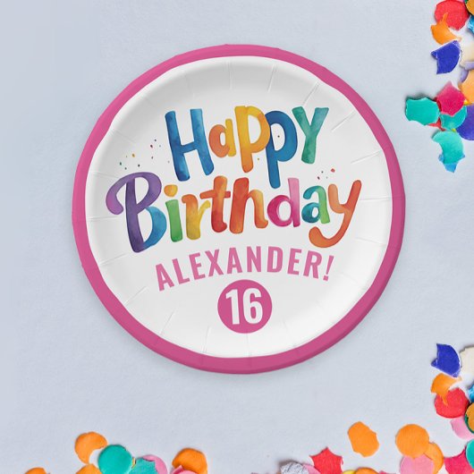 ピンクガーリーのカラフル誕生日パーティー水の色Typo ペーパープレート