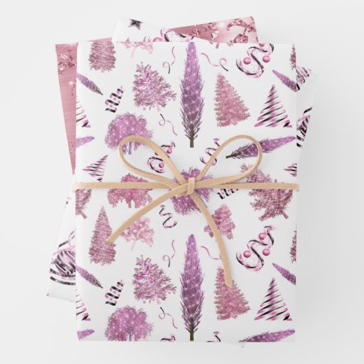 ピンクガーリーのクリスマスシックな木 ラッピングペーパーシート (インサイチュ)