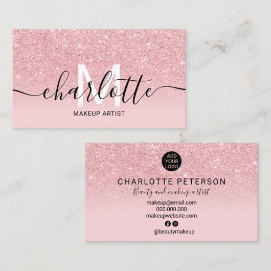 ピンクガーリーのグリッターグラデーションスパークル名メイクアップロゴ 名刺 (正面/裏面)