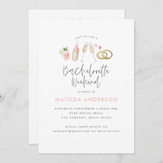 ピンクガーリーのシャンパンシックなバチェロレッテの旅程a 案内状 (正面/裏面)