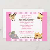 ピンクガーリーのジャングルサファリのお友達5x7ベビーシャワー 招待状 (正面/裏面)