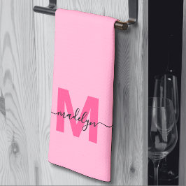 ピンクガーリーのスクリプト名モノグラム キッチンタオル