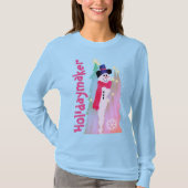 ピンクガーリーのスノーフレーク模様の雪だるま Tシャツ (正面)