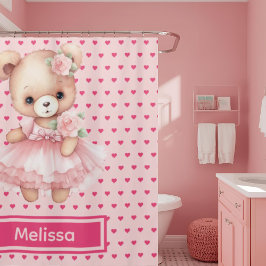ピンクガーリーのテディベアのモノグラムシャワーカーテン シャワーカーテン