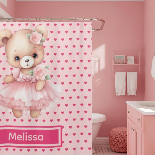ピンクガーリーのテディベアのモノグラムシャワーカーテン シャワーカーテン