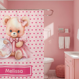 ピンクガーリーのテディベアのモノグラムシャワーカーテン シャワーカーテン