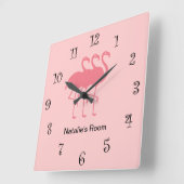 ピンクガーリーのフラミンゴ時計 スクエア壁時計 (傾斜)