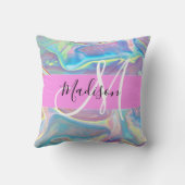 ピンクガーリーのホログラフィック虹色モノグラム名 クッション (裏面)