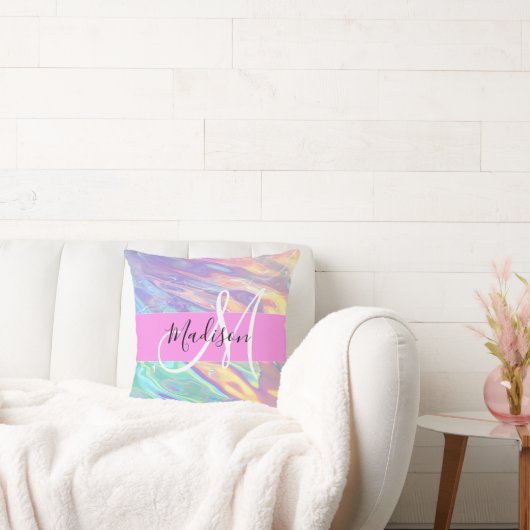 ピンクガーリーのホログラフィック虹色モノグラム名 クッション (ソファ)