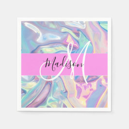 ピンクガーリーのホログラフィック虹色モノグラム名 スタンダードカクテルナプキン