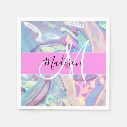 ピンクガーリーのホログラフィック虹色モノグラム名 スタンダードカクテルナプキン (正面)
